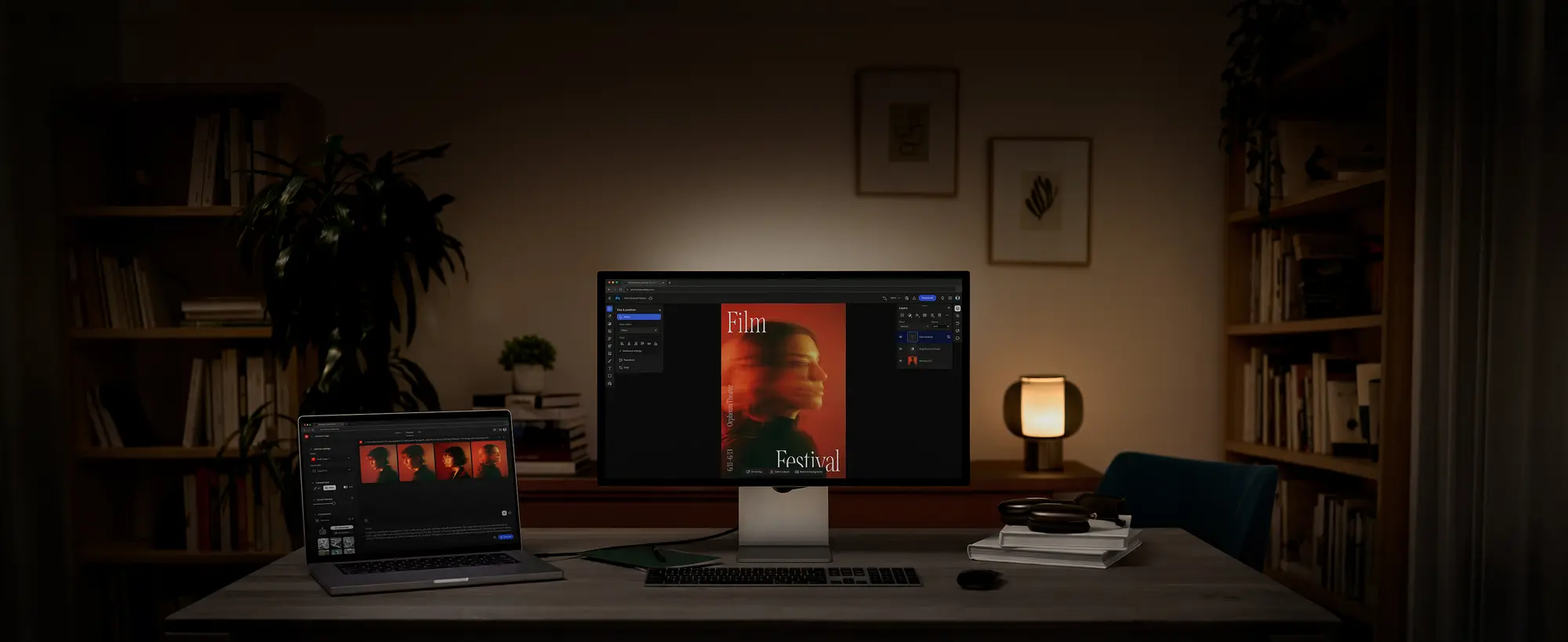 An editor's dim studio at night, monitor showing a Film Festival poster